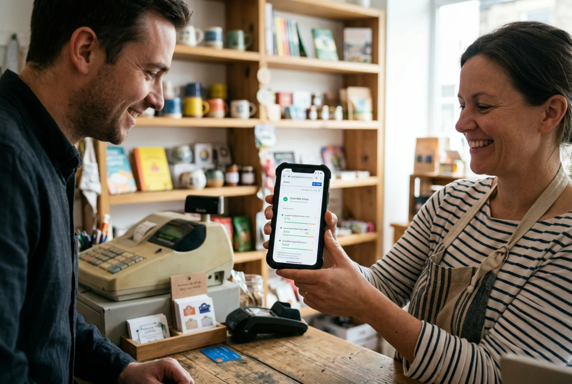 A small retail shop owner happily showing her phone screen to a colleague at the counter, the phone displaying Google Search Console with all three Core Web Vitals metrics—LCP, INP, CLS—marked green "Good" for mobile URLs, blurred shop shelves in the background, afternoon natural light, authentic relief and satisfaction on her face