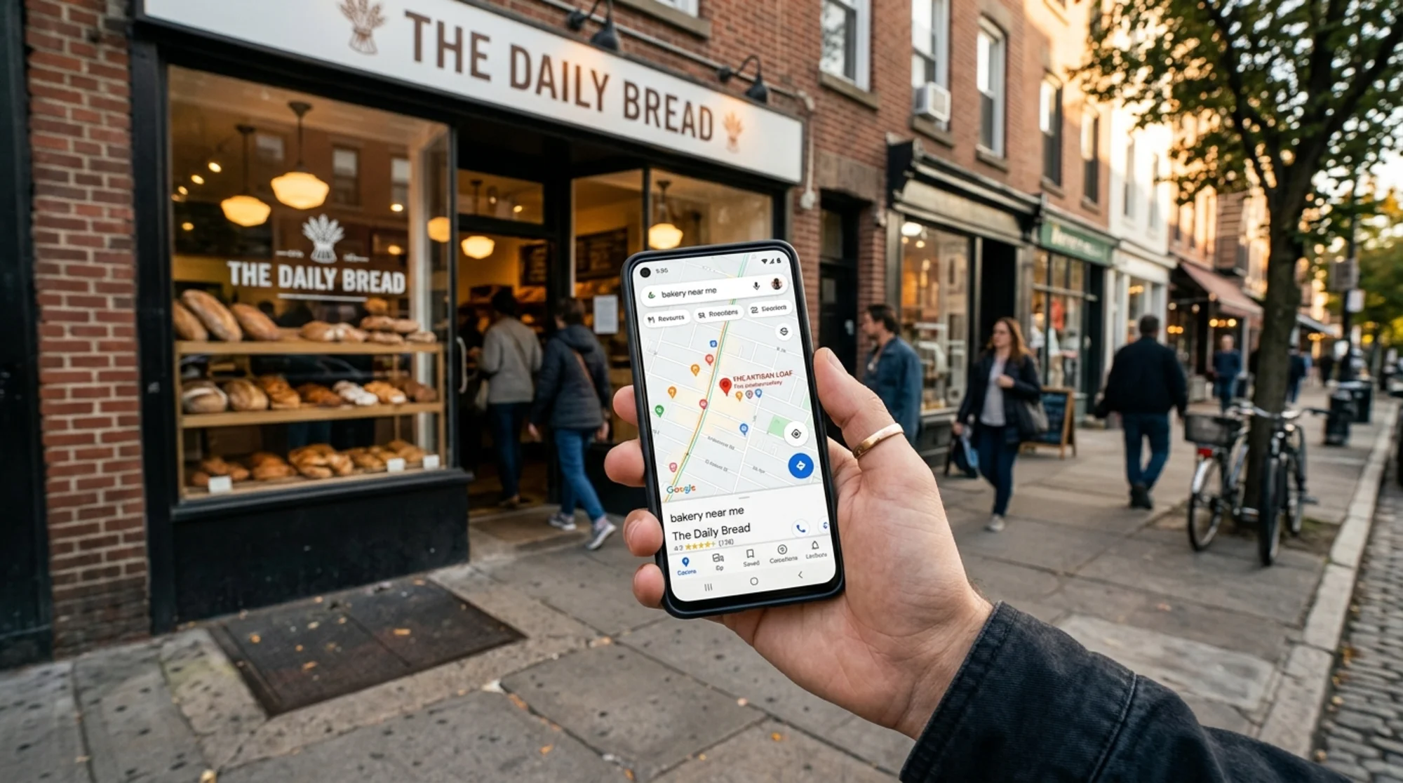 Close-up of a customer's hand holding a smartphone outside a small bakery storefront, Google Maps open showing a competitor's pin highlighted but the bakery itself missing from the results list, warm afternoon street light, realistic storefront with bread visible in the window
