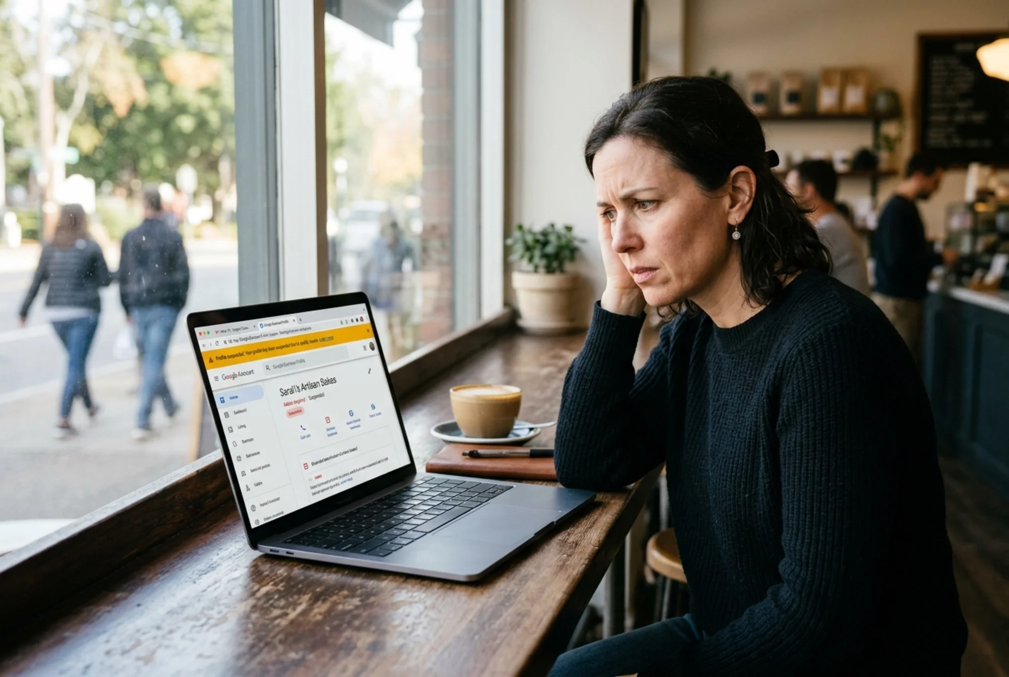 Small business owner at a café counter staring at a laptop showing the Google Business Profile dashboard with a yellow "Profile suspended" notification banner across the top, an unread support email open in a second tab, natural window light, coffee cup beside the keyboard
