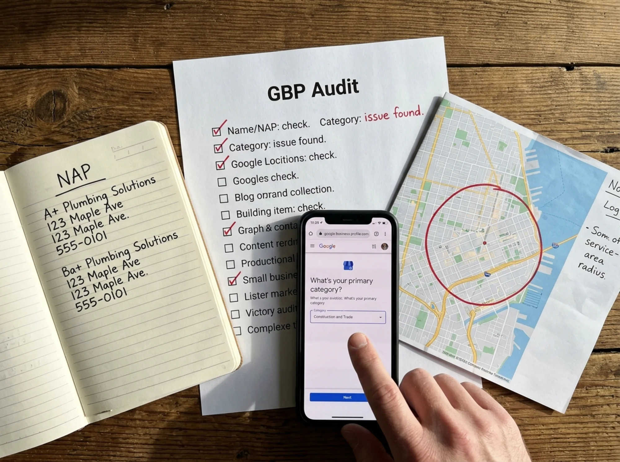 Overhead view of a wooden desk with a printed "GBP audit" checklist partially filled in by hand, a smartphone showing the Google Business Profile category selector screen, a notebook listing a canonical NAP (name, address, phone), and a folded city map with a service-area radius drawn in marker