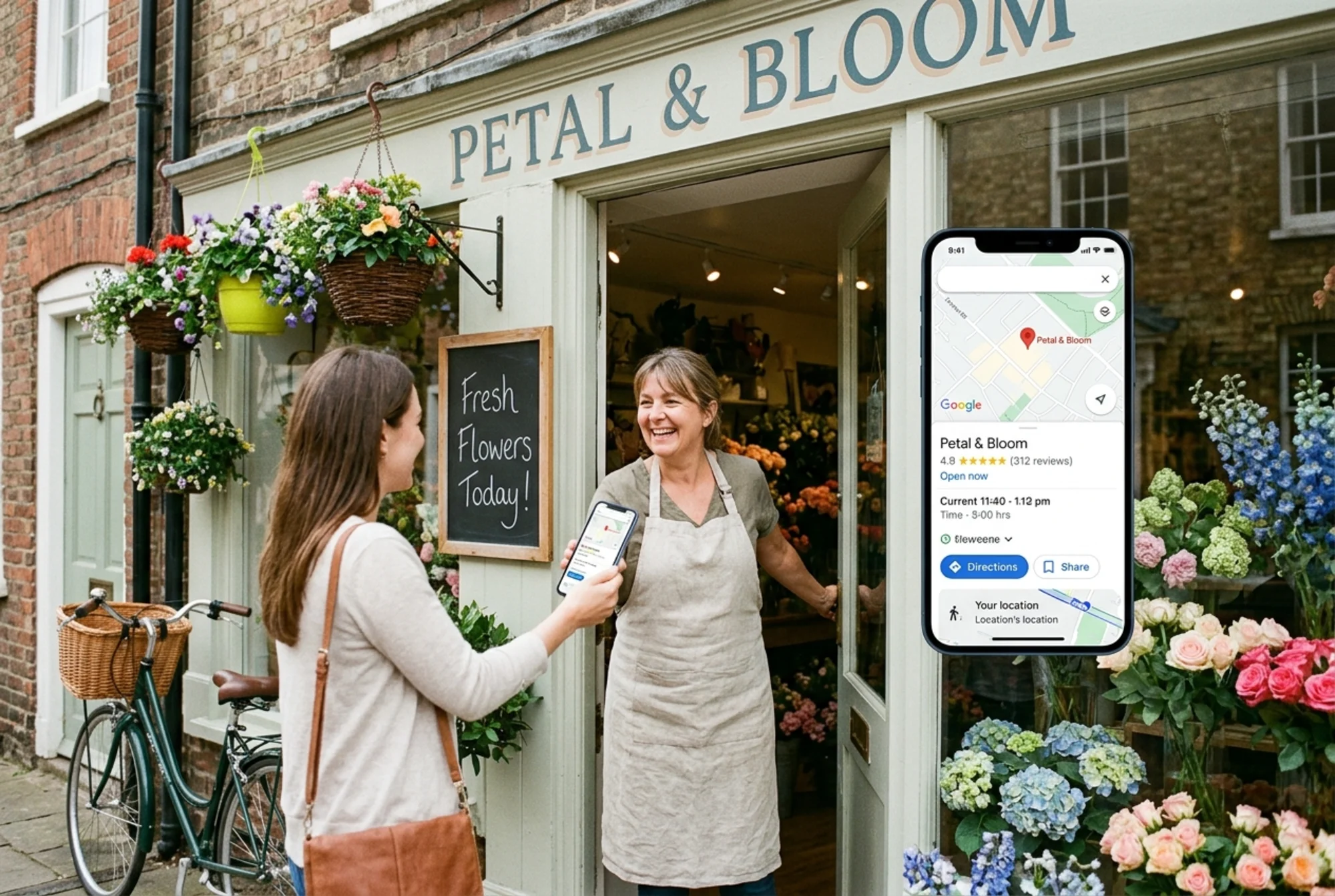Independent flower shop owner standing in the doorway smiling as a customer enters holding a phone that displays the shop's Google Maps listing with a 4.9 rating, "Open now" status, and a route preview, vibrant storefront with fresh bouquets visible