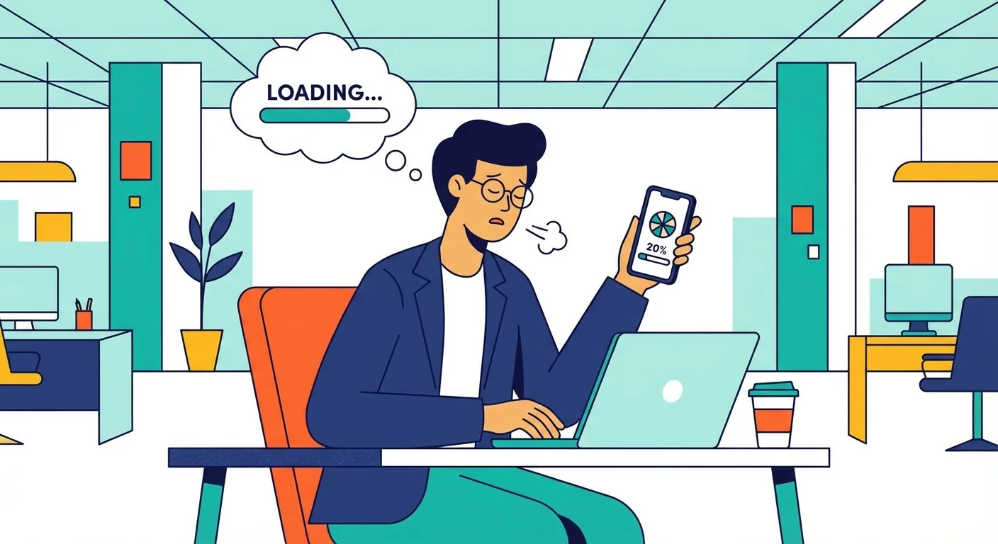 Person looking at a phone while a slow-loading site holds them up