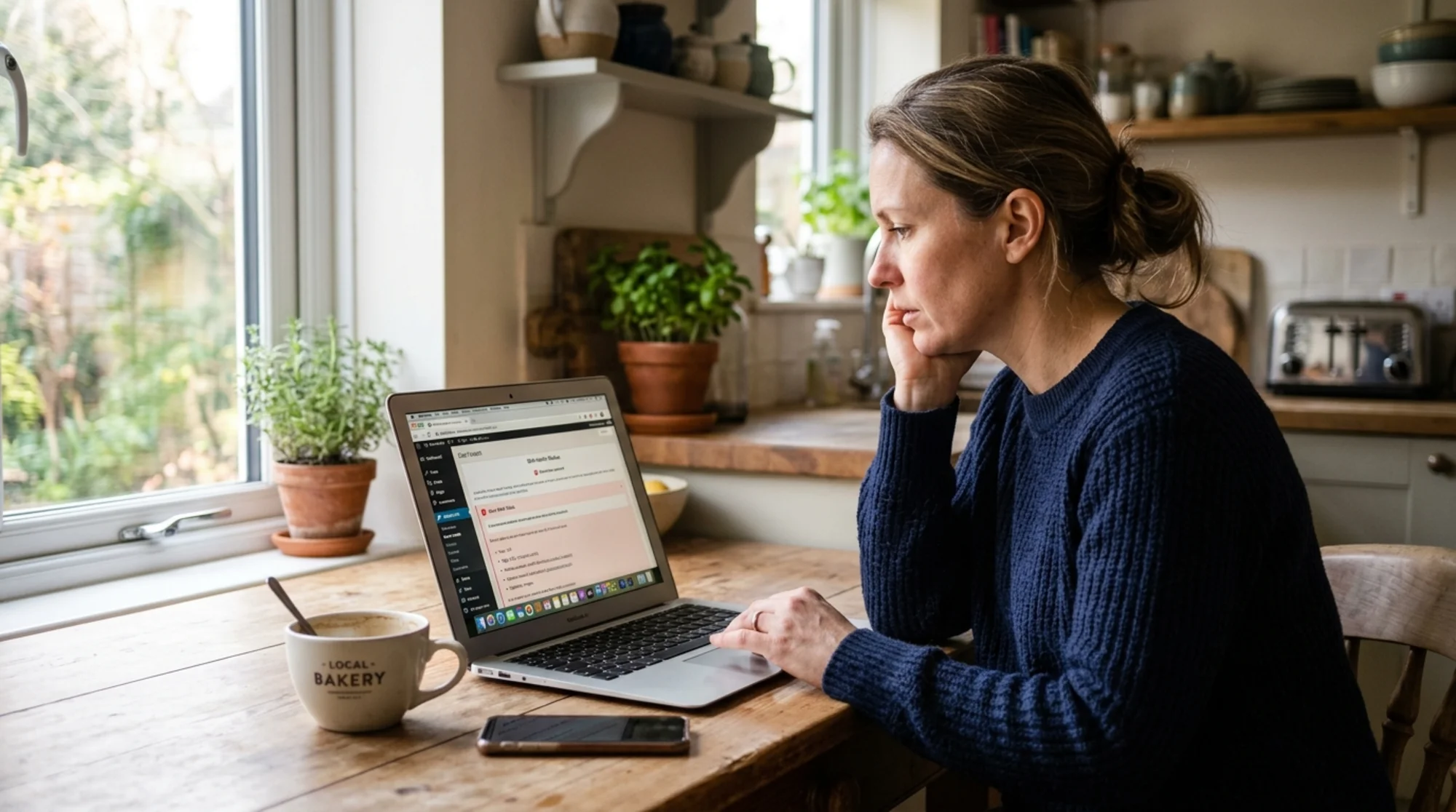 A small business owner at a kitchen table looking at a WordPress wp-admin "Site Health" panel on a laptop, a red "Should be improved" warning visible, morning light from a window, coffee mug beside the laptop, warm and realistic photographic style