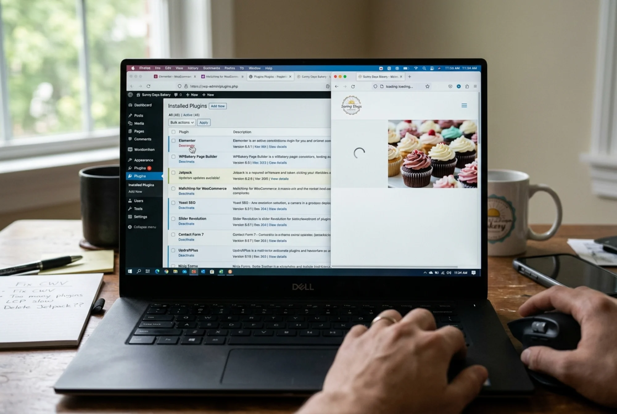 A cluttered WordPress wp-admin Plugins screen showing dozens of active plugins like Elementor, WPBakery, Jetpack, social sharing widgets and popup tools, a second browser tab beside it showing a half-rendered bakery homepage stuck loading, mouse cursor hovering over "Deactivate"