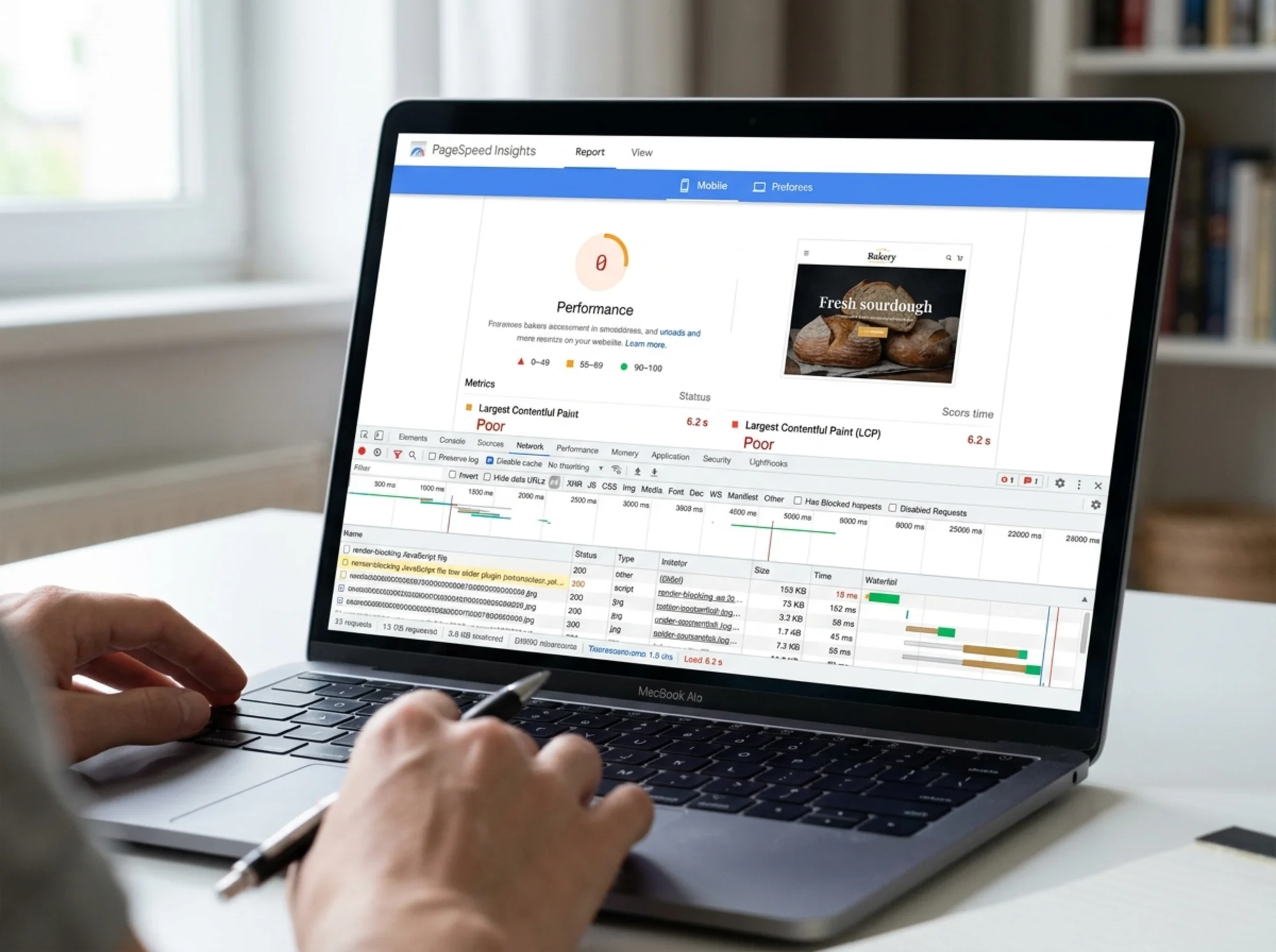 A laptop screen showing PageSpeed Insights mobile results for a WordPress bakery site, LCP highlighted at 6.2 seconds on a hero image of fresh sourdough, Chrome DevTools waterfall view underneath revealing render-blocking JavaScript from a slider plugin and three large unoptimized JPGs