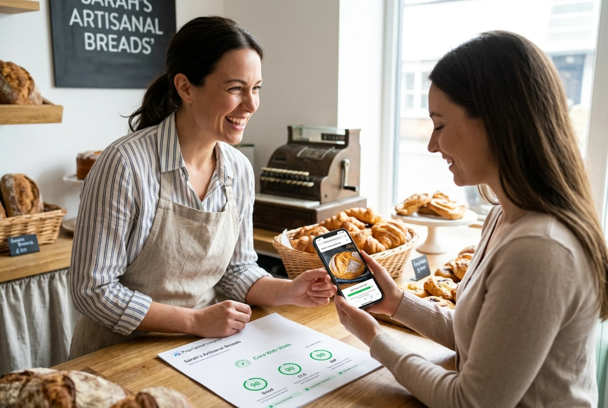 A bakery owner on her phone at the counter showing a customer the website loading instantly on mobile, the hero image of bread snapping into place under two seconds, a printed PageSpeed Insights report on the counter showing green "Good" badges for LCP, INP, and CLS
