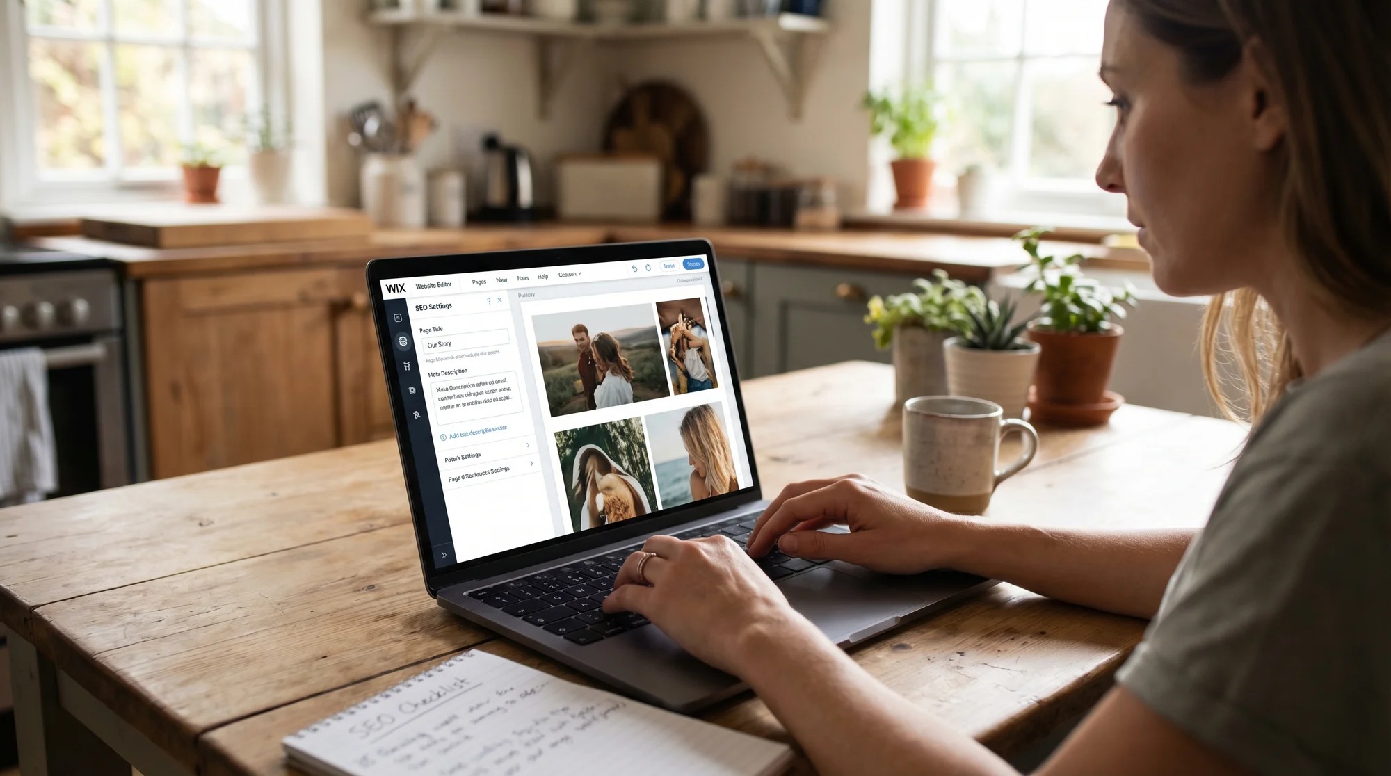 A small business owner at a kitchen table with a laptop showing the Wix Editor, the SEO panel open in the left sidebar displaying page title and meta description input fields, natural morning light, coffee cup nearby