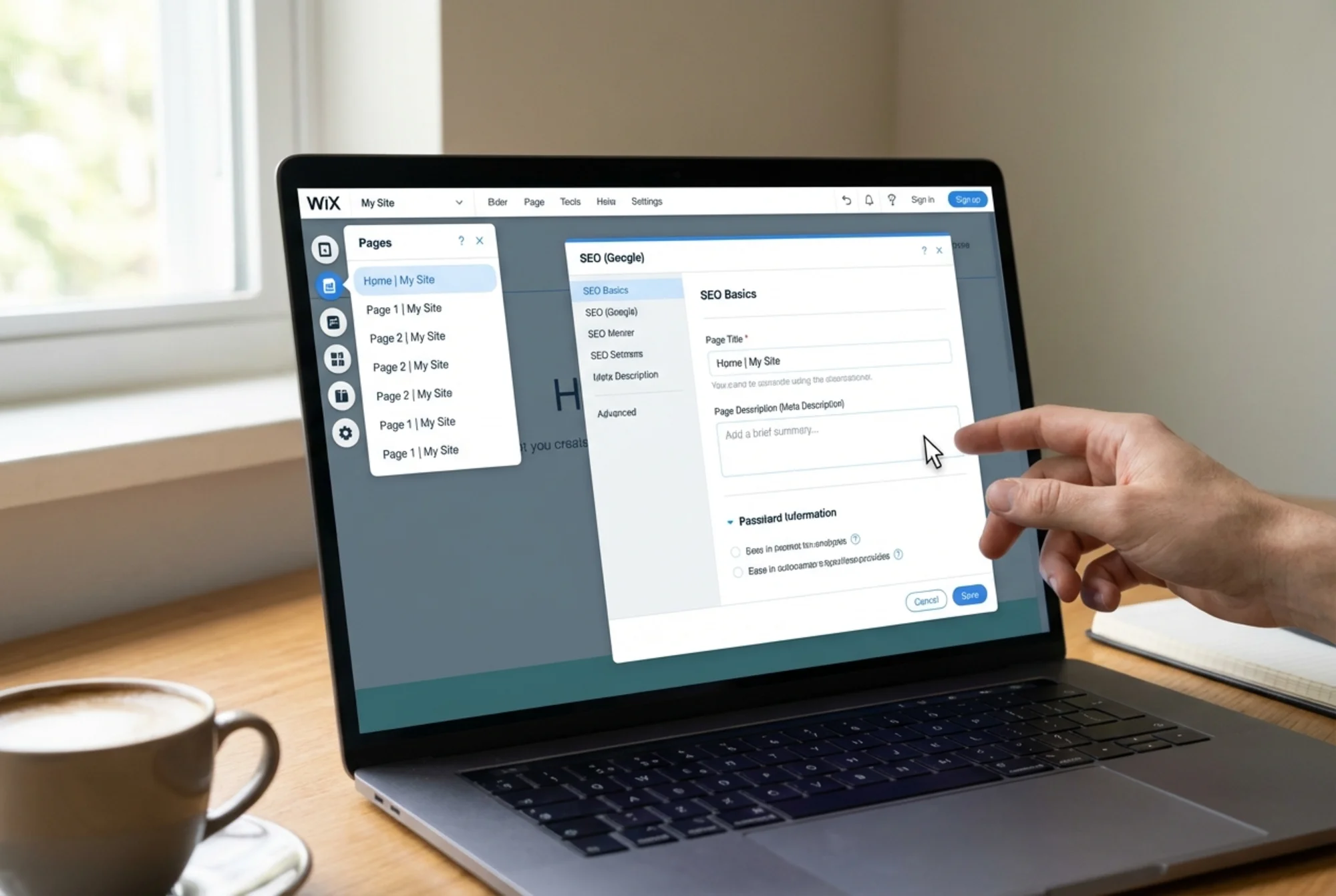 A Wix dashboard Pages menu showing multiple pages with default titles like "Home | My Site" and "Page | My Site", SEO tab open with the meta description field visibly blank — illustrating a common Wix setup mistake