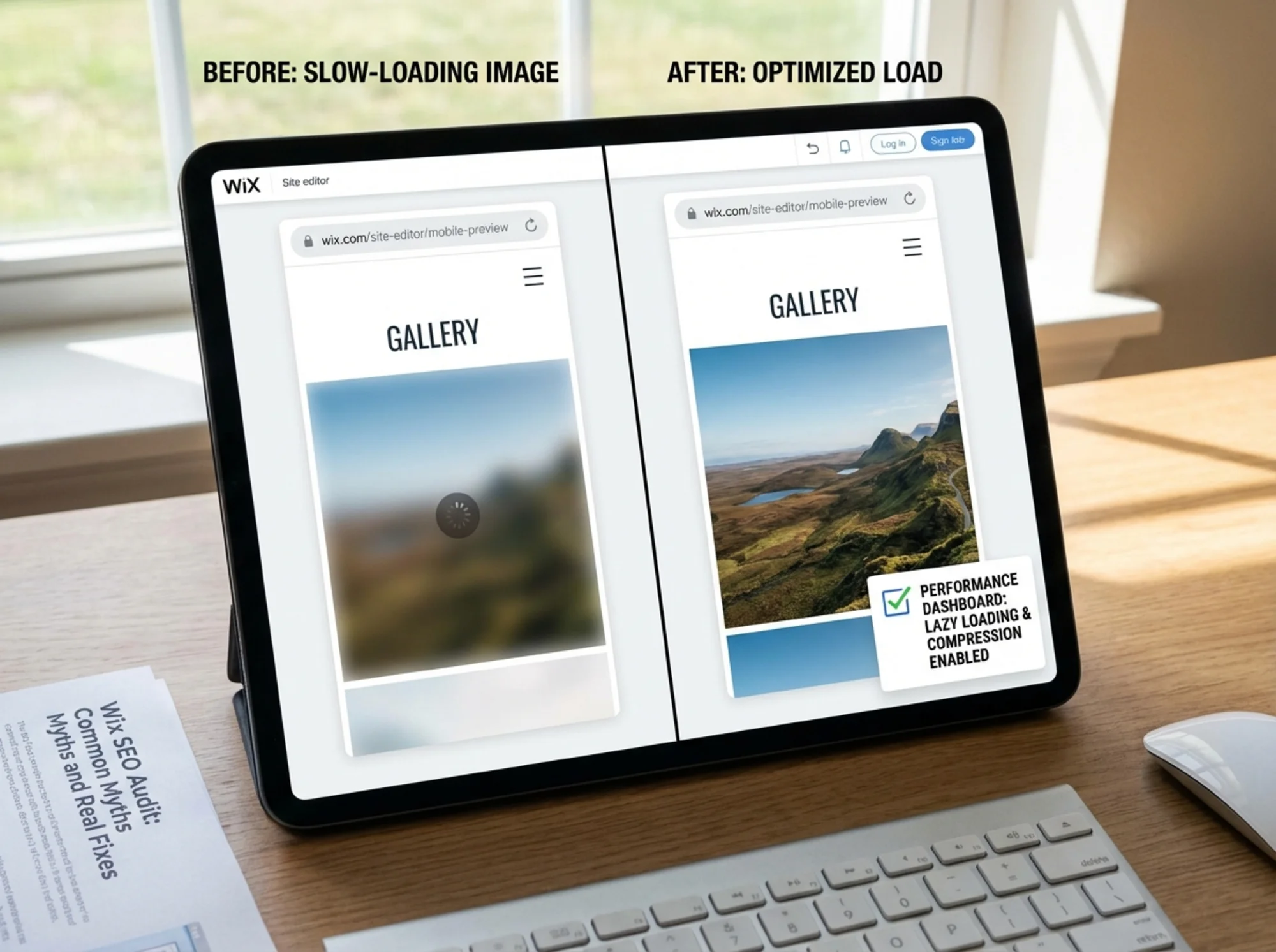 A Wix mobile preview split screen: left side shows a slow-loading full-width image block with a spinner, right side shows the same page after enabling lazy loading and image compression in the Wix performance dashboard, both views labeled