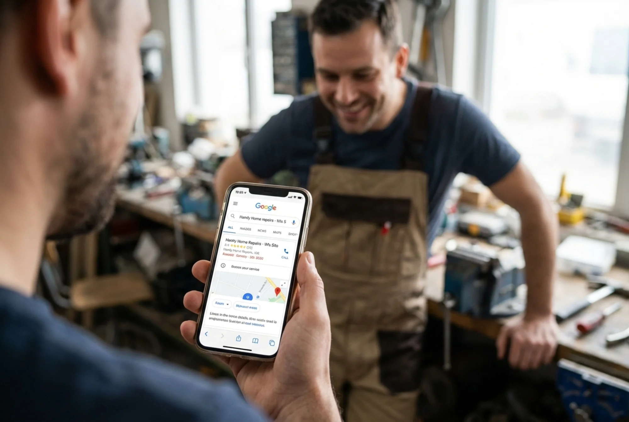 A local service business Wix site appearing in a Google local pack result on a phone screen, the business owner smiling in the background — representing the payoff of fixing Wix SEO correctly
