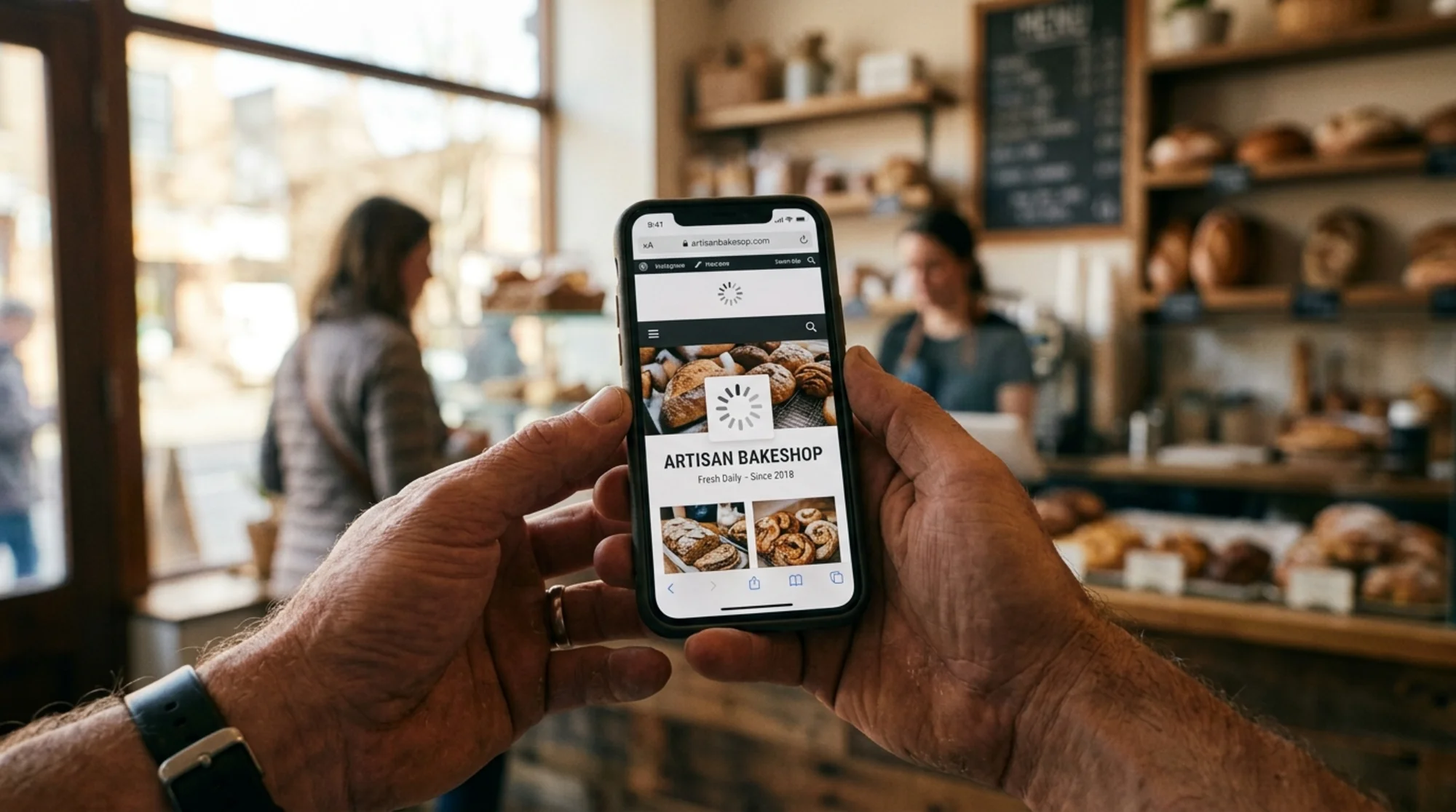 Close-up of a small business owner's hands holding a phone showing a slow-loading WordPress bakery homepage with a loading spinner over the hero image, the bakery storefront softly out of focus in the background, warm natural morning light