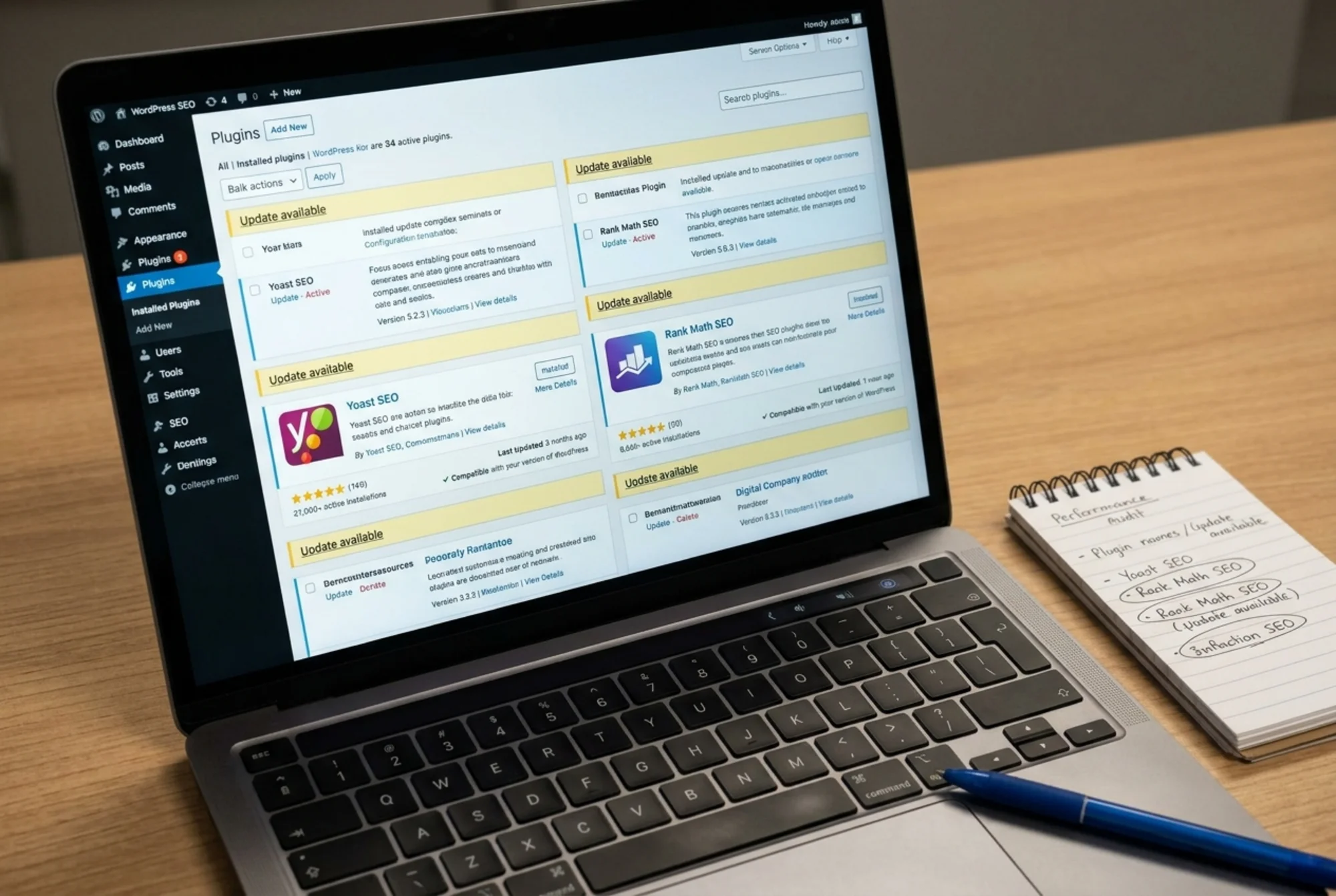 WordPress admin Plugins screen on a laptop showing 34 active plugins with several rows marked "Update available" and a duplicate SEO plugin highlighted, a small notepad beside the keyboard with handwritten notes circling plugin names, harsh overhead office light