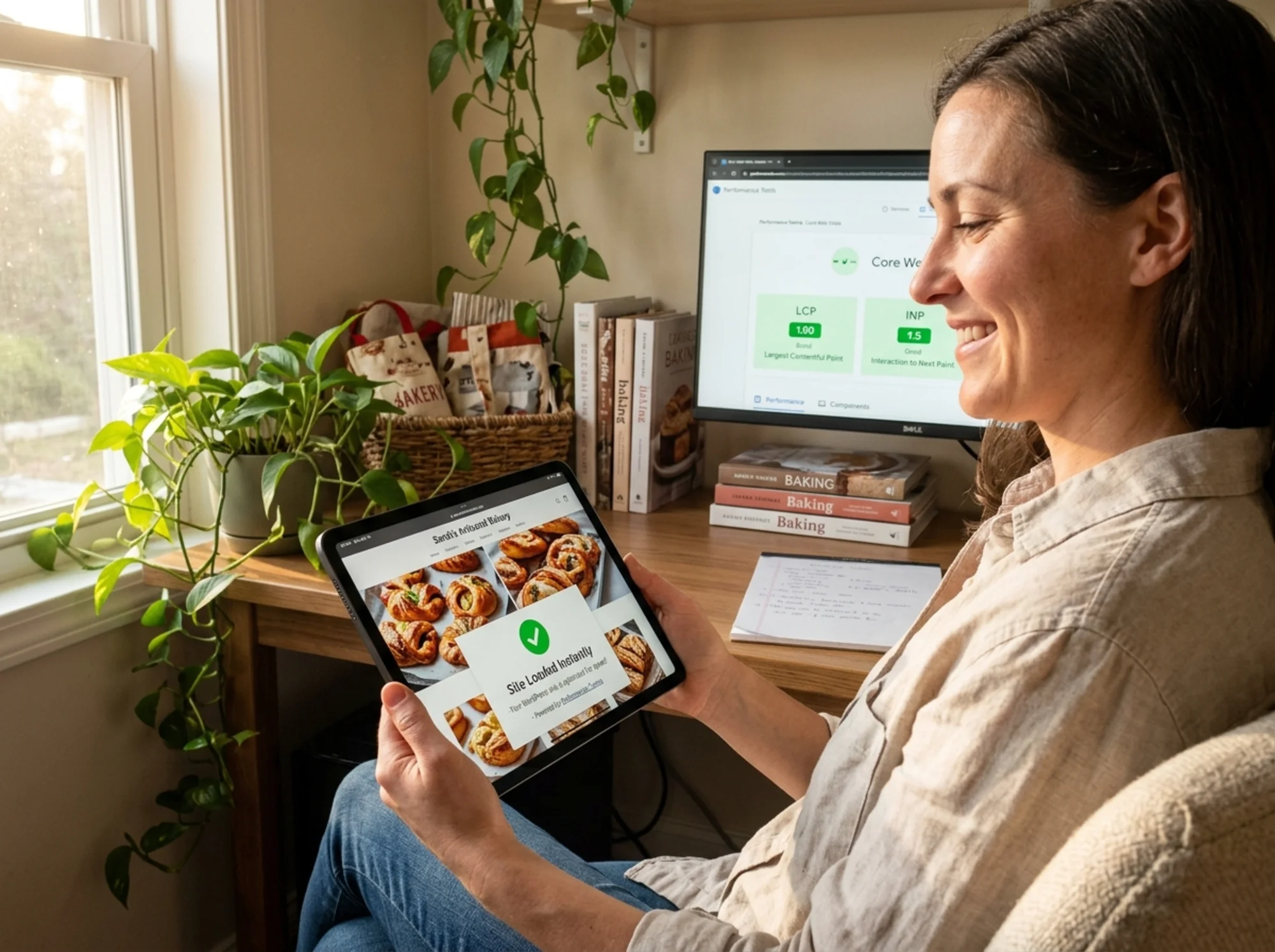 A small business bakery owner smiling at a tablet showing their now-fast WordPress site loading instantly, a Core Web Vitals report with green "Good" LCP and INP badges visible on a second monitor, plants and a calm home-office workspace in soft afternoon light