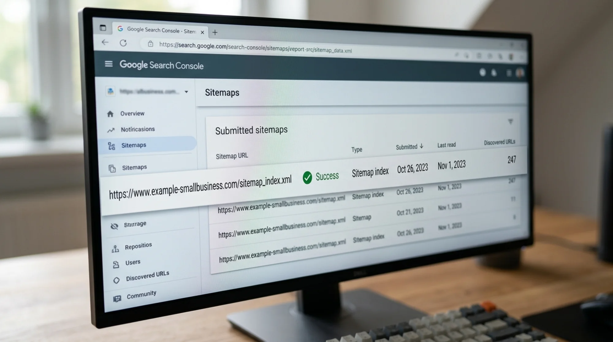 Close-up screen view of a Google Search Console Sitemaps report panel showing a sitemap_index.xml entry with green "Success" status, discovered URL count of 247, and last read date, browser chrome with the GSC URL visible at the top