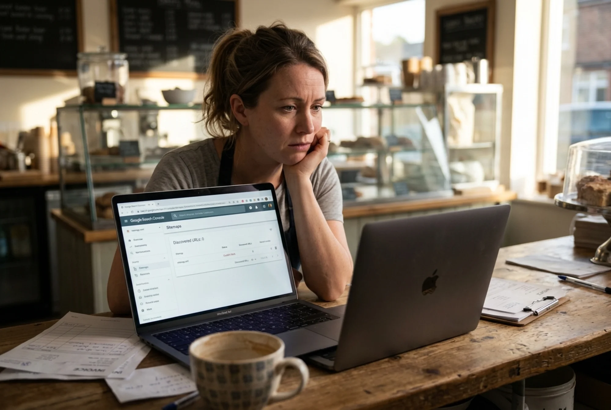 Frustrated small bakery owner at a wooden counter studying a laptop displaying a Google Search Console error reading "Couldn't fetch" next to a sitemap.xml row, warm afternoon light, paper invoices and a coffee mug nearby