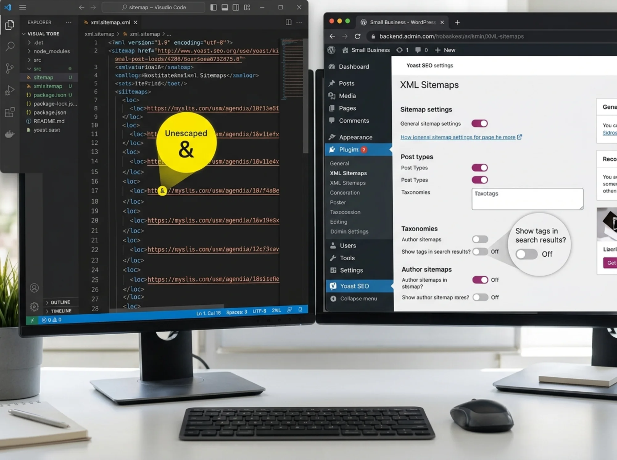 Split-screen view: left side shows a raw XML sitemap in VS Code with a highlighted unescaped ampersand and missing closing tag, right side shows the WordPress Yoast SEO sitemap settings panel in a browser with "Show tags in search results" toggled off, syntax highlighting visible