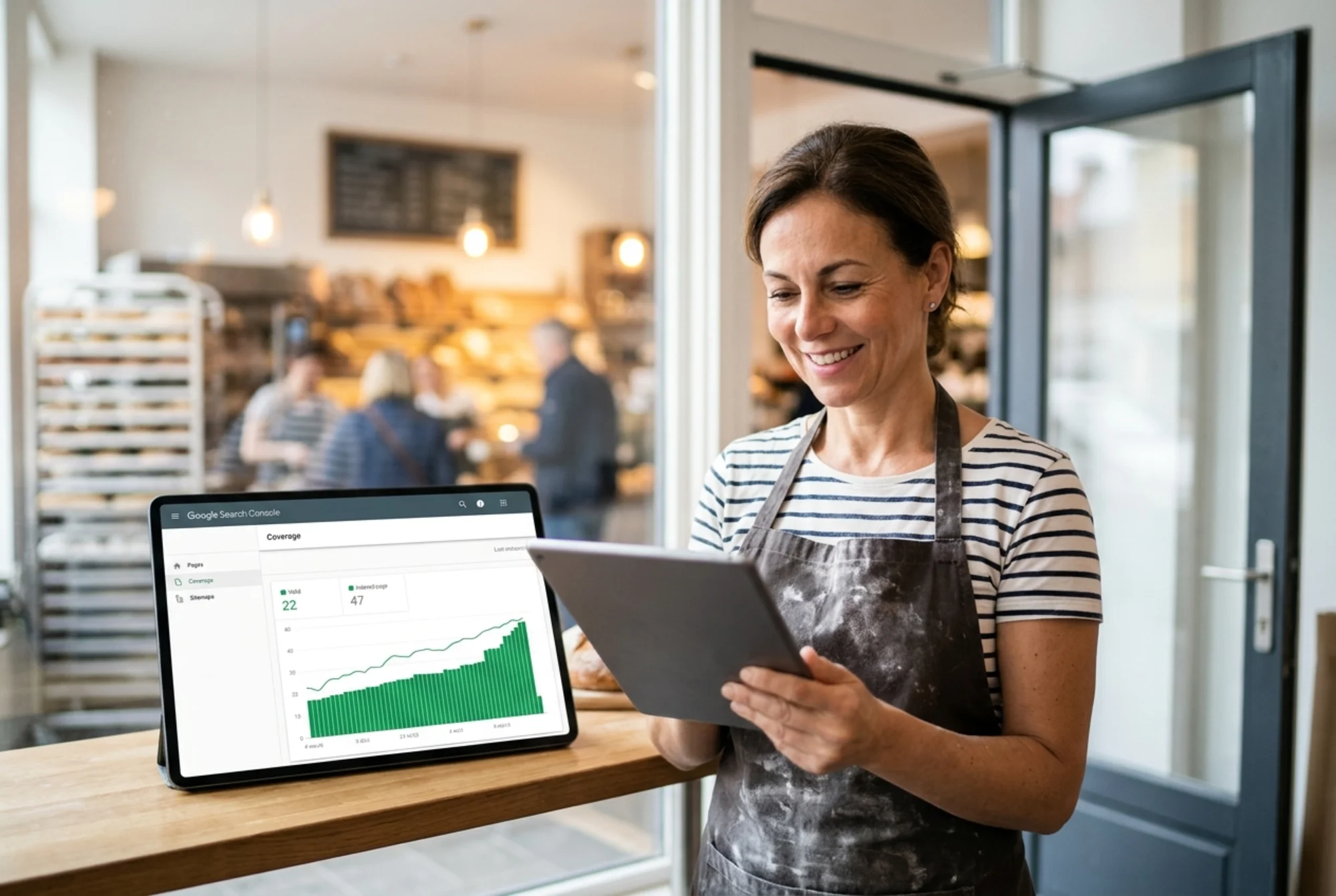 Confident bakery owner reviewing a tablet showing a Google Search Console coverage graph with indexed page count climbing from 22 to 47 over four weeks, blurred bakery storefront with morning light in the background