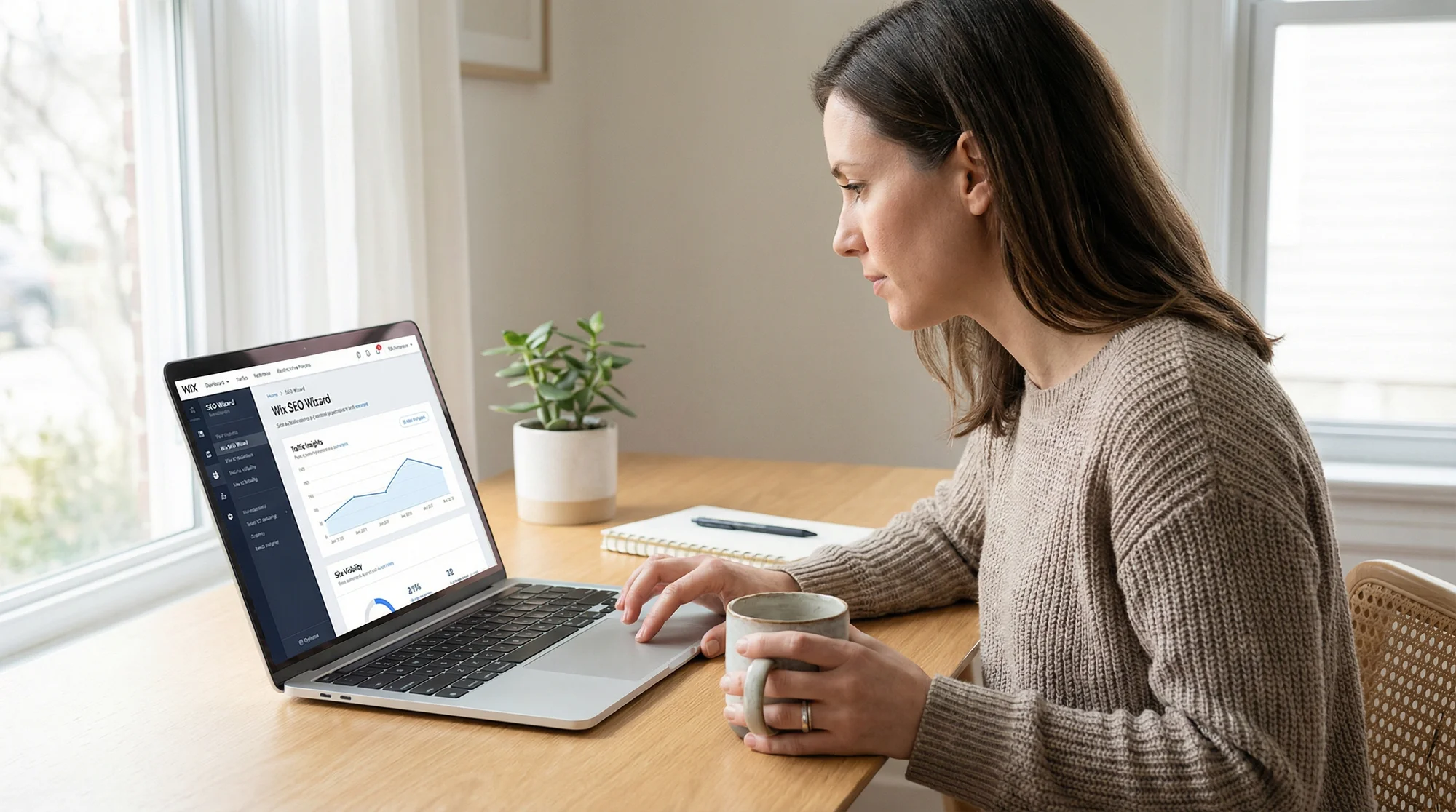 Small business owner reviewing website analytics on a laptop at a desk