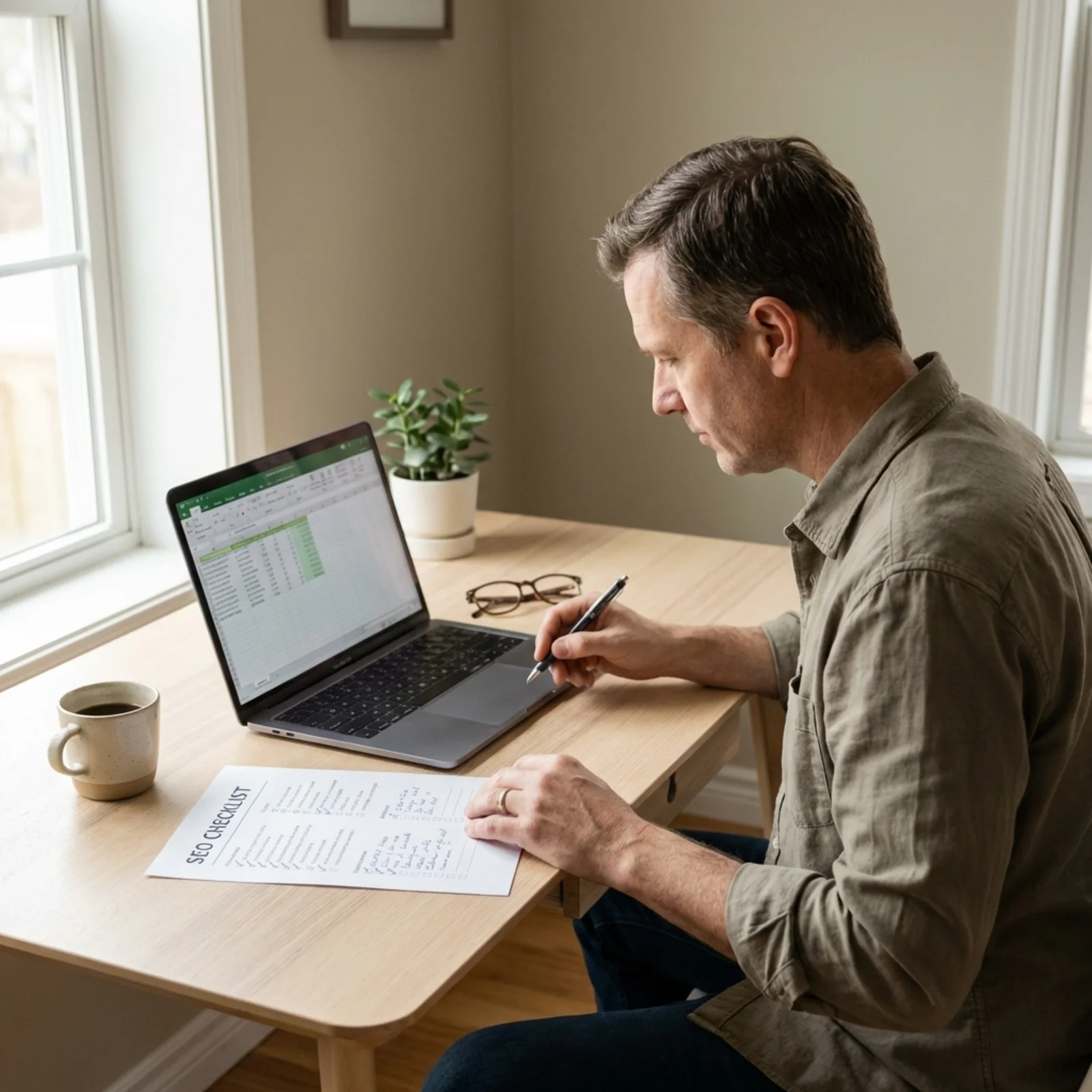 Business owner working through an SEO checklist on a notepad with a laptop open nearby