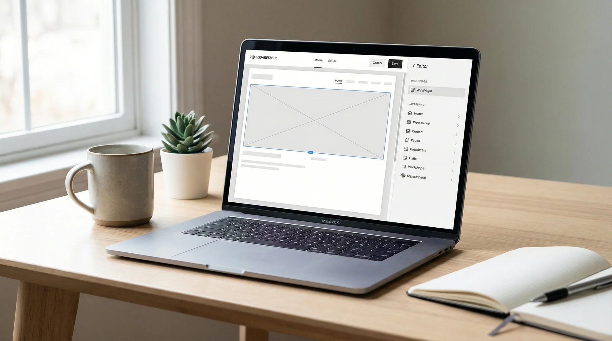 Modern laptop showing a clean website builder interface on a tidy desk