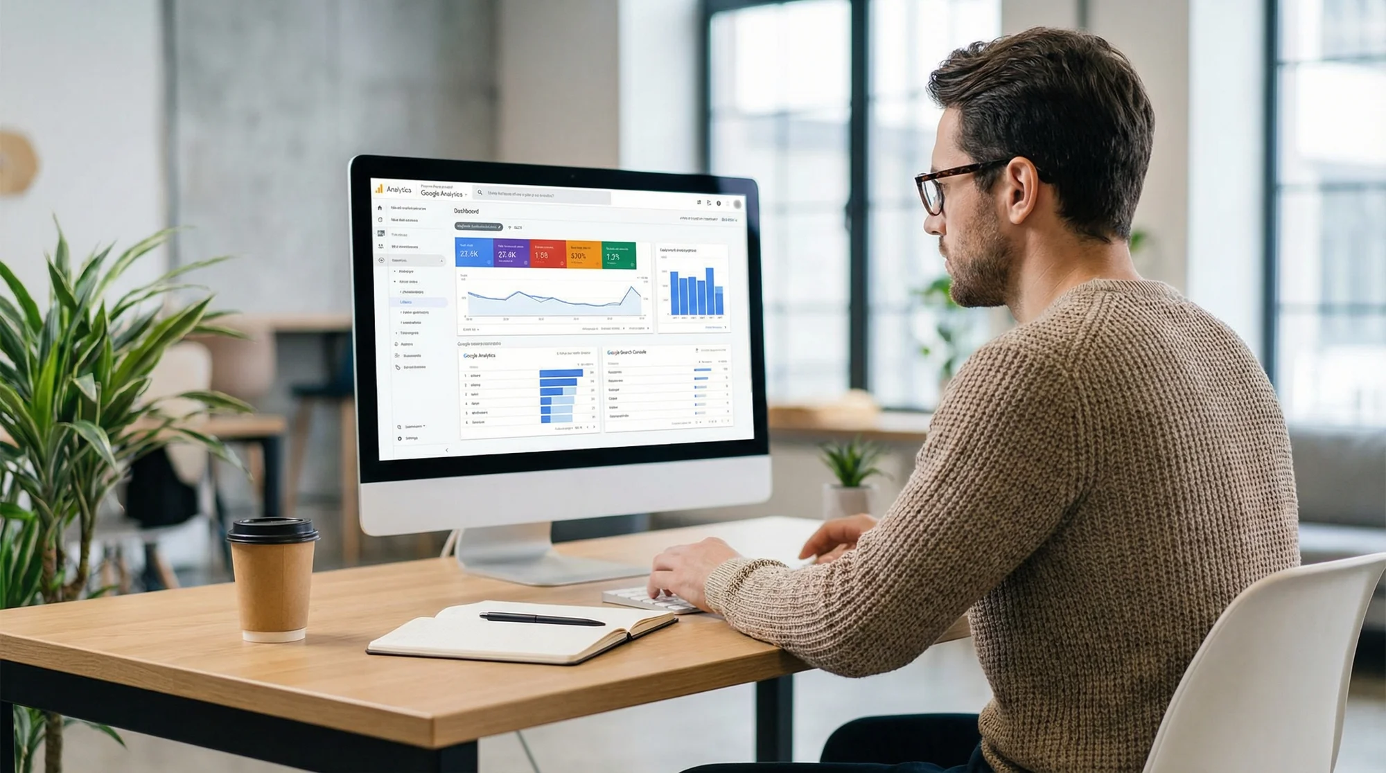 Person reviewing website analytics and SEO performance metrics on a desktop monitor