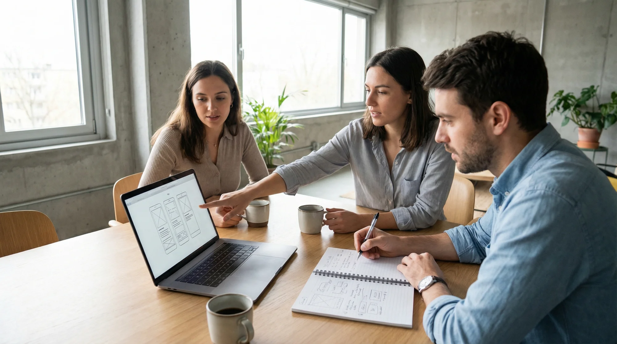 Small team planning website improvements with a laptop and notes on a table